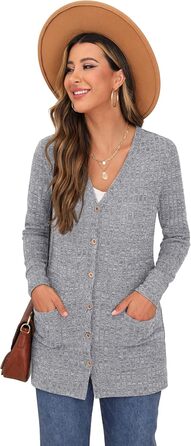 Жіночий в'язаний кардиган Grecerelle з довгими рукавами, сірий, з кишенями та V-подібним вирізом, XL