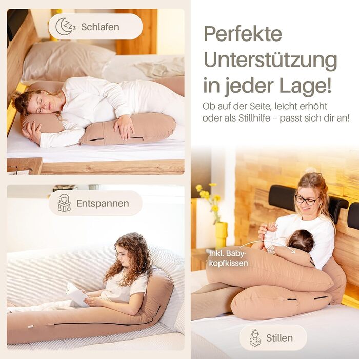 Подушка для вагітних та годування XL з піни Memory Foam, бавовняний чохол, коричнева