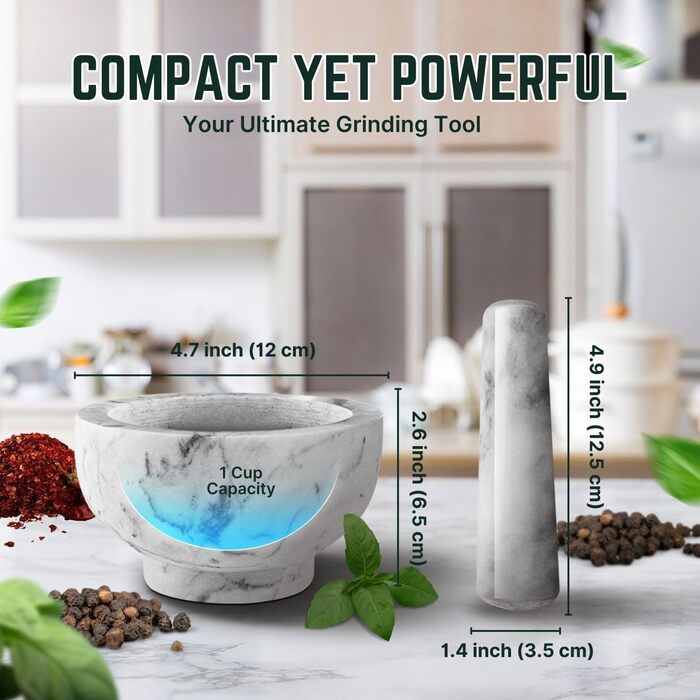 Мраморний ступка з толуштою Flexzion, 12 см, для спецій та приготування їжі, білий колір