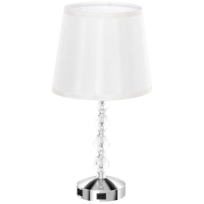 HOMCOM Table Lamp LED Desk Lamp USB Rechargeable, Crystal Nightstand Lamp, Lamp Base E27, for Living Room Bedroom, Glass, Silver 23 x 23 x 45 cm | Aosom