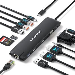 Док-станція Lemorele 13-в-1: USB-C/A, 10Gbps, 3 монітори, 2 HDMI 4K, Ethernet, 4 USB 3.2/2.0, VGA, Type-C 3.1, PD 100W, Audio, SD/TF, для Windows, MacBook