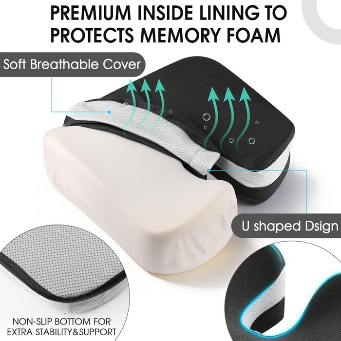 Ортопедична подушка для сидіння з піни Memory Foam: для офісного крісла, авто, інвалідного візка. Чорний дихаючий чохол