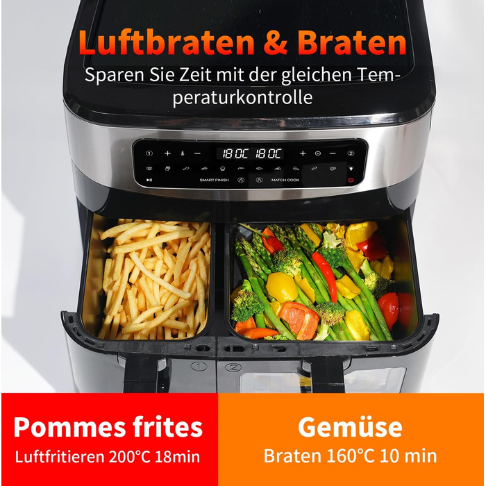Фритюрниця TOKIT з подвійним зондом, 2800 Вт, 10 л, 12 програм, з вікном, без олії, 2 ящики, LED-touchscreen, 90% менше жиру