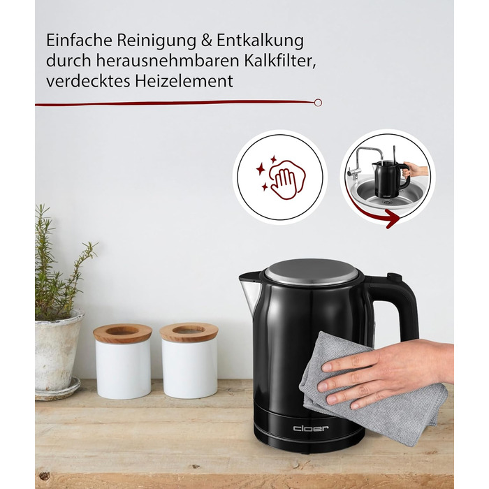 Електричний чайник Cloer 4511 з нержавіючої сталі, 2200 Вт, індикатор рівня води, захист від сухого кипіння та перегріву, 1 літр, чорний