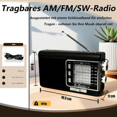 Портативне радіо на сонячній батареї з акумулятором 1200mAh, AM/FM/SW1-6, 8W динамік, Bluetooth, USB/TF, ліхтарик, кофр-радіо для кемпінгу та надзвичайних ситуацій (Чорний)