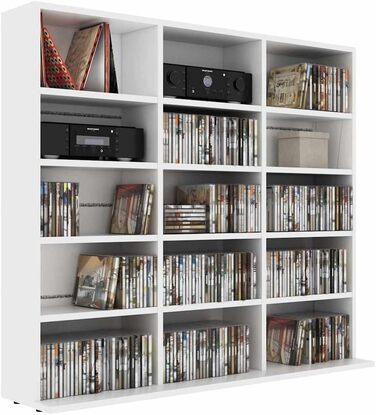 vidaXL Стелаж для CD/DVD/Blu-ray, 15 відділень, медіашафа, книжкова полиця, білий, 100x23x89,5 см, ДСП