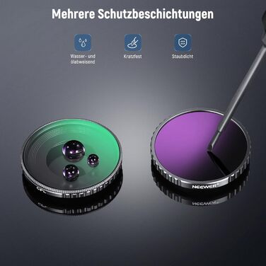 Набір фільтрів NEEWER CPL та ND для DJI Osmo Action 4/Action 5 Pro (4 шт.): CPL, ND8, ND16, ND32. Сумісний з DJI Osmo Action 4/Action 5 Pro. Фільтри для екшн-камери, з багатошаровим покриттям.