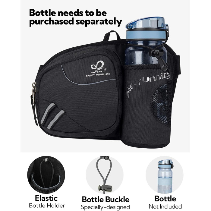 Спортивна поясна сумка Waterfly з тримачем для пляшки, чорна. Для бігу, велоспорту, кемпінгу, подорожей та інших активностей.