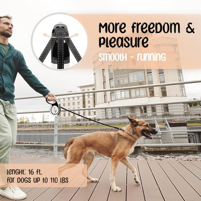 Рулетка для собак середніх та великих (до 50 кг) з відбиваючими смугами, надійний гальмо, поворотний карабін, нейлоновий ремінь, ергономічна ручка, розмір L