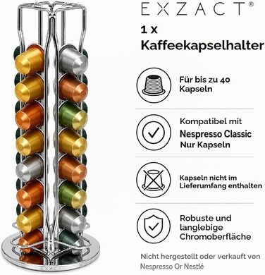 Органайзер для кавових капсул Exzact, сумісний з Nespresso (на 40 капсул) — обертовий підставний тримач для кавових капсул, протиковзкий, сріблястий