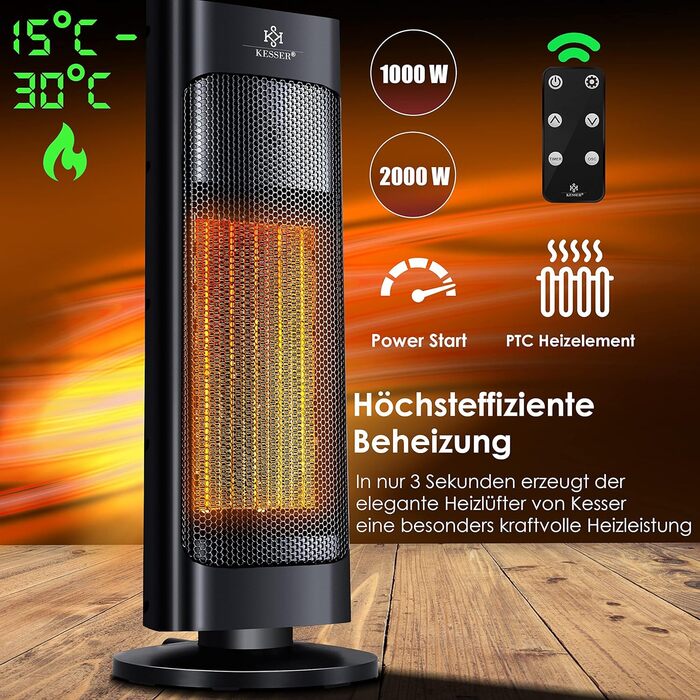 Обігрівач KESSER® 2000W з пультом керування, керамічний, тихий, з осциляцією, таймером, чорний