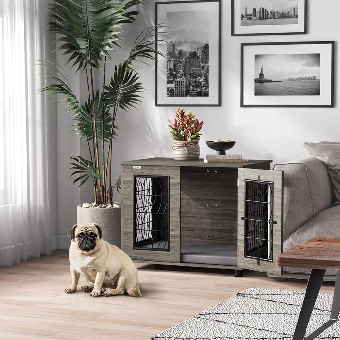 Клітка для собак PawHut з замком, подушкою та столиком, 80 x 56 x 63 см, сірий колір