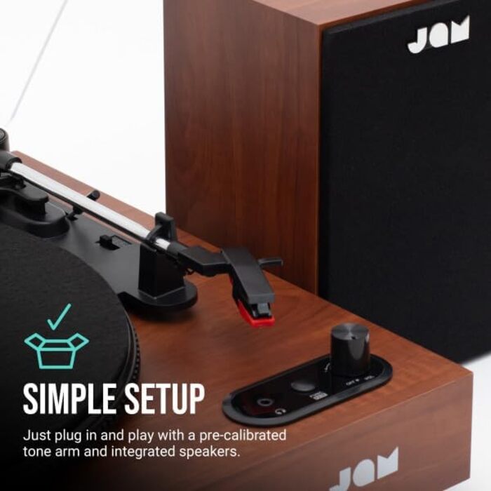 Програвач вінілу JAM з колонками Bluetooth – чорний (горіх) | 3 швидкості, пилозахисний ковпак, попередньо налаштований тонарм, засіб для чищення вінілу в комплекті