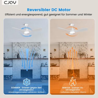 Стеляний вентилятор CJOY з підсвіткою, 107 см, з пультом керування, DC, тихий, з функцією реверсу, пам'ять 3CCT, диммування, 6 швидкостей, таймер для спальні, білий