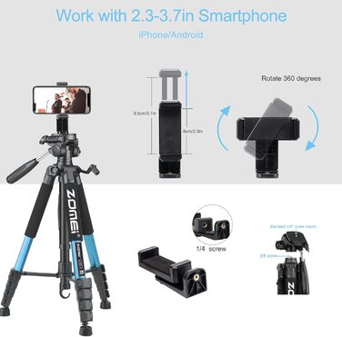 Штатив ZOMEi 188см - професійний для фото та відео, сумісний з DSLR, телефонами, проекторами (чорний, блакитний)