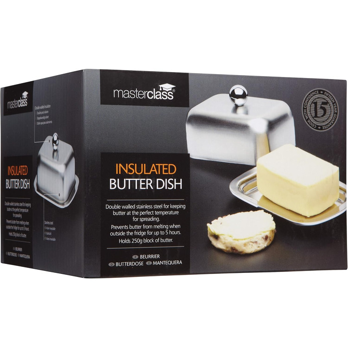 MasterClass Double-Walled Insulated Master Class Butter Dish with Lid, Stainless Steel, Silver, 16 x 12.2 x 9 cm