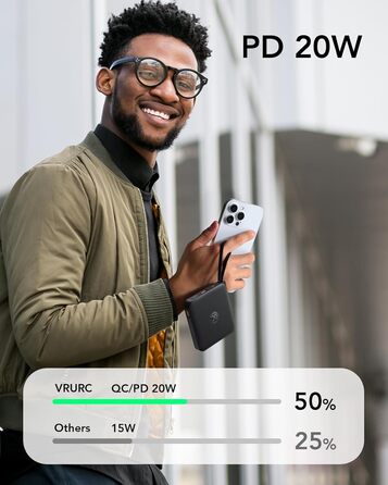 Power Bank VRURC 10000mAh з кабелем: компактний павербанк USB-C, швидка зарядка 22.5W, LED-дисплей, сумісний з iPhone, Huawei (зелений, чорний)