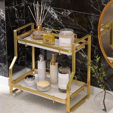 Wall-mounted bathroom shelf with 2 tiers, desk storage shelf for bedroom, kitchen, living room, bathroom, countertop, Nizer for enhanced Nizer and space-saving, gold