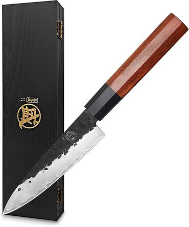 Японський ніж Santoku Mitsumoto Sakari 19 см з ручкою з рожевого дерева та дерев'яною коробкою, ніж для овочів 14 см