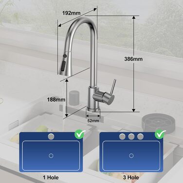 Кухонний змішувач SREWOHS PRO з висувним виливом, 360° обертання, 4 режими розпилення, однорідний, високий вилив, ABS-насадка для кухонної мийки, проста установка (сучасний дизайн)