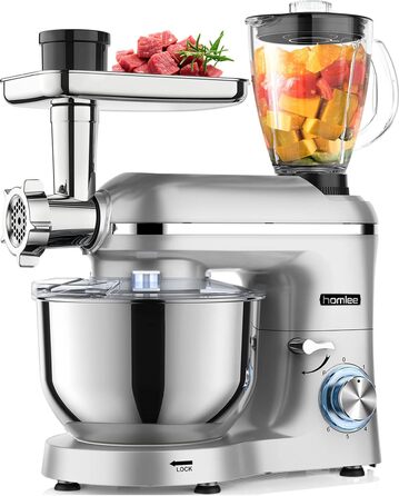 Homlee 3-in-1 Kitchen Machine - 1800W Food Processor with Meat Grinder, Juicer & 5.5L Stainless Steel Bowl - 6 Speed Mixer