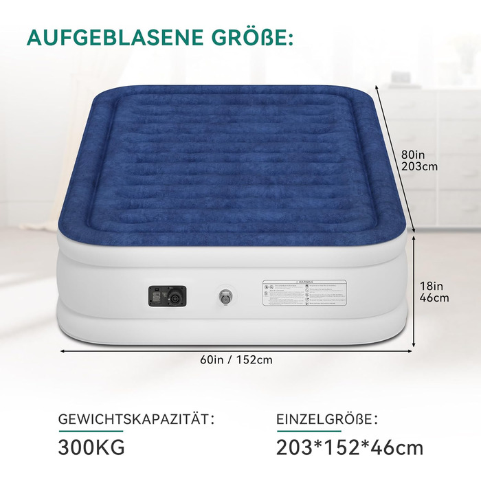 Надувний матрац YITAHOME 2x1,5м з електричною помпою, самонадувний, для 2 осіб, білий/блакитний