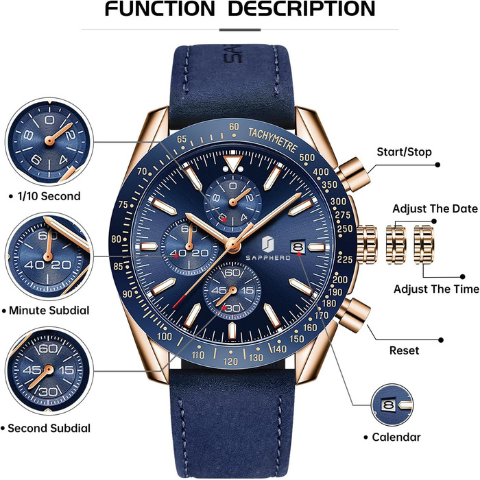 Годинник чоловічий BENYAR з коричневим шкіряним ремінцем, кварцовий хронограф, дата, календар, водостійкий, спортивний, з блакитним циферблатом (золотий корпус)