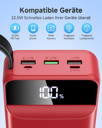 Power Bank 60000mAh 22,5W USB-C PD, Зовнішній акумулятор з 4 портами, Червоний