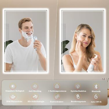 Дзеркало для ванної кімнати з підсвічуванням LED, антизапар, сенсорне управління, регулювання яскравості, 3 кольори світла, овальне, 50x70 см (Bluetooth, антизапар, 100L x 70B см)