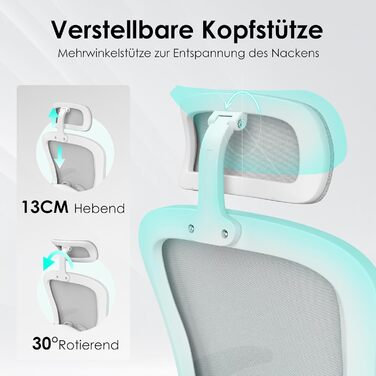 Ергономічне крісло Farini з регулюванням висоти, для офісу та дому, з підголівником, комп'ютерне крісло, 150 кг, на роликах (сірий/білий)