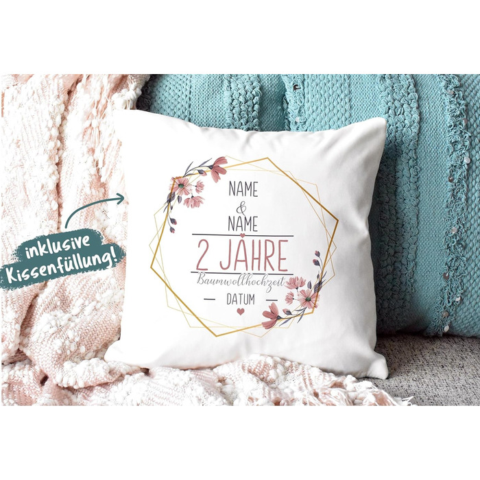 Pillow Wedding Day Cotton Wedding - Customize with Name & Date - 2 Years of Marriage, Wedding Gift, Anniversary, Engagement - Fluffy White Pillow, 40x40 cm | Personalized