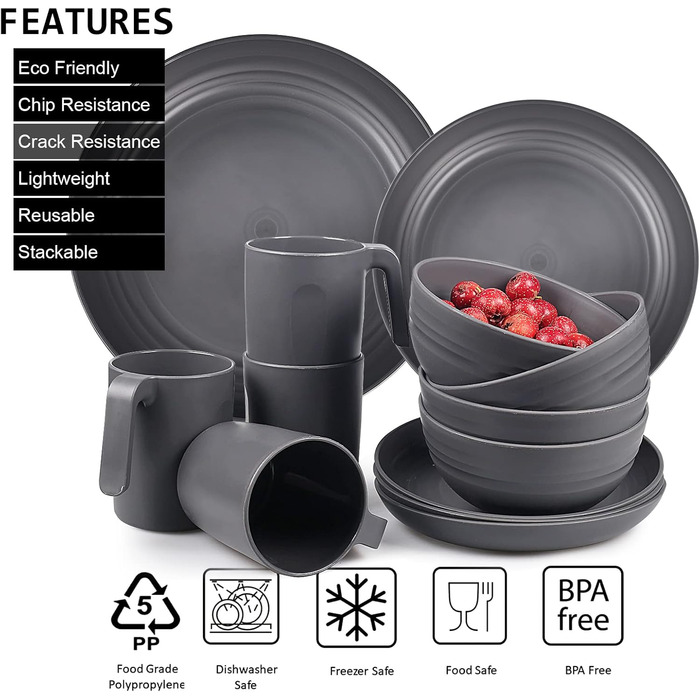 Набір посуду з PP | Легкий та незламний сервіз з 16 предметів для дітей та дорослих, 4 тарілки, 4 десертні тарілки, 4 миски, 4 чашки (сірий)