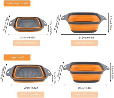 Ситечко для кухні складне, сито для зливання з нержавіючої сталі та силікону, 2 розміри (24.5+29.2 см), помаранчеве