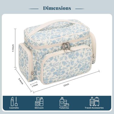 Косметичка велика для подорожей, жіноча косметичка з відділенням для пензлів, органайзер для макіяжу (синя квітка)