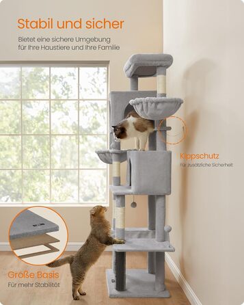 Дім для кота Feandrea, 175 см, XL, багатоярусний з 2 печерами, 2 лежаками, 5 стовпчиками для дряпання, щіткою для котів, великою платформою, PCT182G01 (XXL, таунграу)
