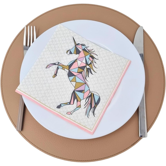 Nikalaz Round Placemats and Coasters made of Recycled Leather, Table Sets, 2 Piece Table Mats, Placemats 33 cm (Crocodile Embossing) (Camel)