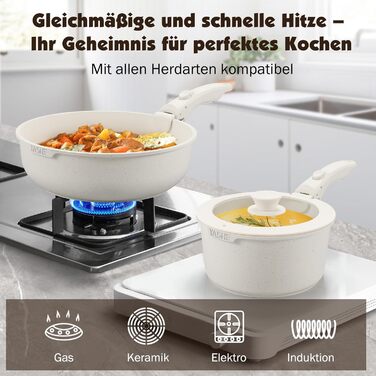 Набір посуду YASHE 21 предмет: каструлі та сковорідки з антипригарним покриттям, знімні ручки, скляні кришки, індукційне дно, термостійкий, білий
