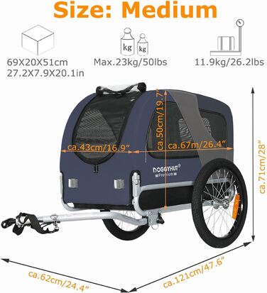 DOGGYHUT® Преміум велопричіп для собак середнього розміру, до 23 кг, синій, складання