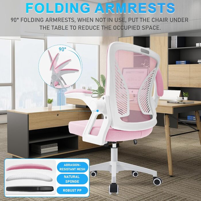Офісний стіл з регульованими підлокітниками, ергономічний стілець для офісу з сітчастою спинкою, підтримкою попереку, регульованою висотою, м'яким сидінням, поворотний на 360°, (Рожевий)