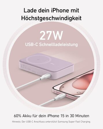 Anker MagGo Power Bank: 10000mAh, Qi2, 15W, MagSafe, USB-C, Рожевий