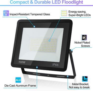 LED Floodlights Outdoor, Pack of 5, 100W Floodlights, IP66 Waterproof for Outdoor and Indoor Use, 8500LM Super Bright Outdoor Lights, 120 Degree Outdoor Lighting, 6000K Cool White Spotlights Floodlights