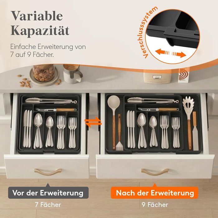 Органайзер для столових приборів Lifewit в шухляду, розсувний, 7-9 відділень, 35-48 см, чорний