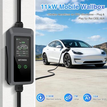 Настінний зарядний пристрій (Wallbox) 11 кВт, 3 фази, 8-16A, з регулюванням потужності, IP65 водонепроникний – для Tesla Model Y/3, VW ID.3/4/5, MG4, EX30 та всіх електромобілів/гібридів (7м)