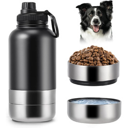 Водяна пляшка для собак на винос 4-в-1, 1000 мл, з мисками для води та корму, з нержавіючої сталі, BPA-Free