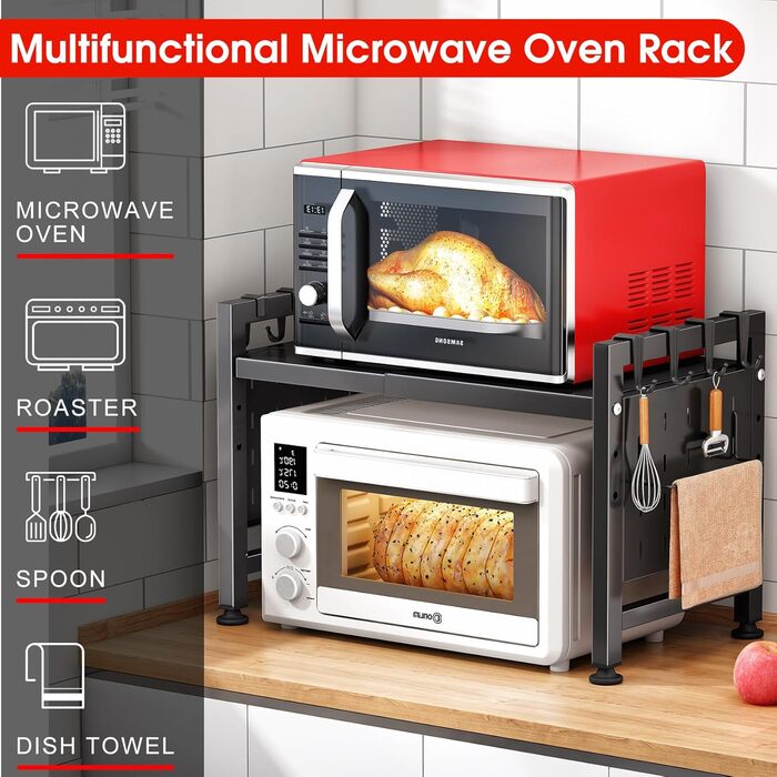 Стійка для мікрохвильової печі SAYZH, 2-рівнева розширювана, з 10 гачками, чорна