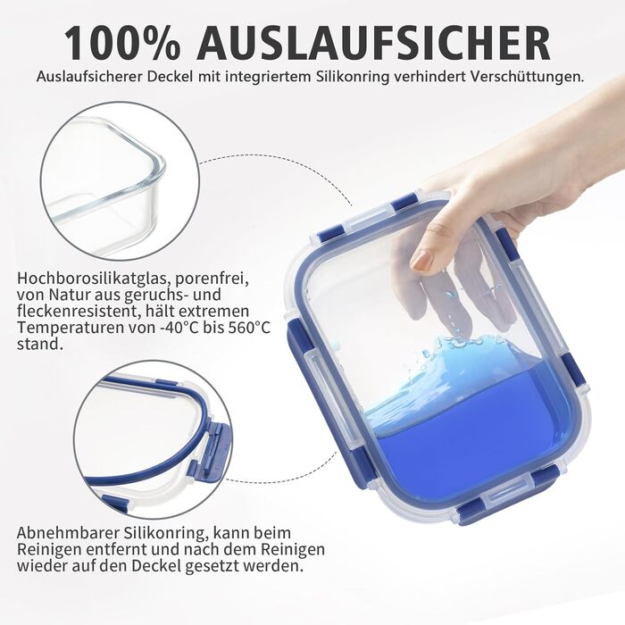 Набір скляних контейнерів для зберігання їжі з кришками з преміум-пластику, 10 шт., блакитні