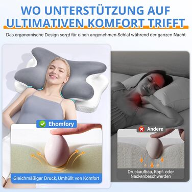 Подушка для шиї Ehomfory з піни Memory Foam, ергономічна для сну на боці, спині та животі, 67x37x9/12 см, сіра