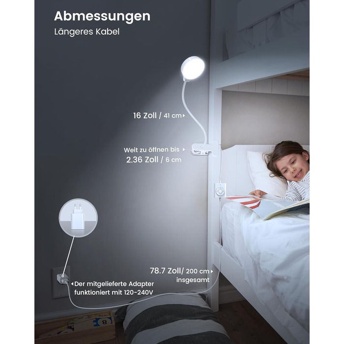 Glocusent 5W LED Лампа для читання на ліжко, кліпса, 3 кольори/5 рівнів яскравості, гнучкий тримач, CRI 90, USB зарядка (біла)