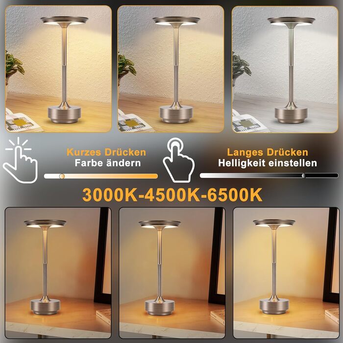 Настільна лампа бездротова LED з сенсорним керуванням, диммуванням та USB зарядкою, нікель, 2 шт. для вітальні, спальні, дитячої кімнати