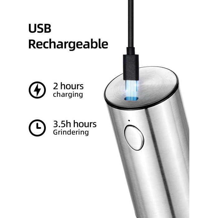 Електричний набір для солі та перцю з зарядною станцією, об'єм 110 мл, перезаряджувана солянка з 5 рівнями, керамічна млинка з щіткою (2 шт.)